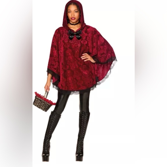 Spirit Halloween red velvet burnout cape hood black lace OS 1X vamp cosplay goth - Picture 10 of 11